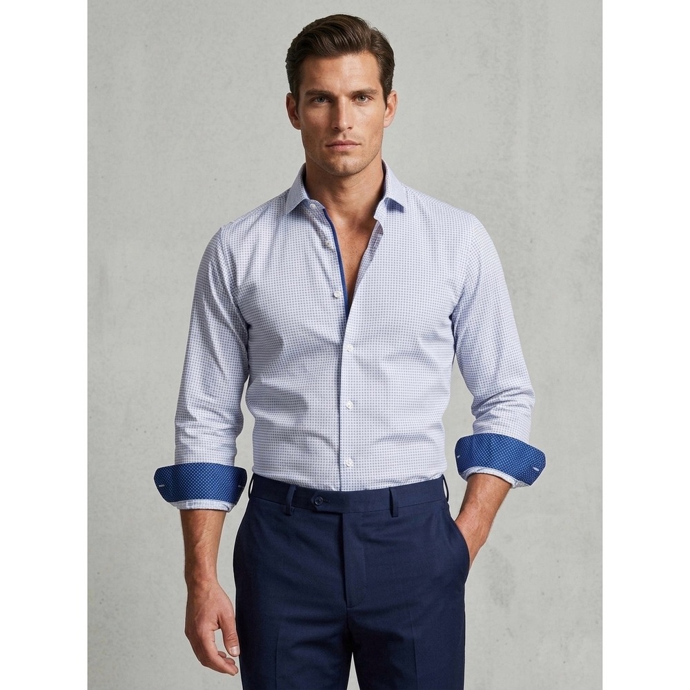 Tom Baine Performance Slim Fit Dress Shirt Blue‎ White Geometric Stretch Small